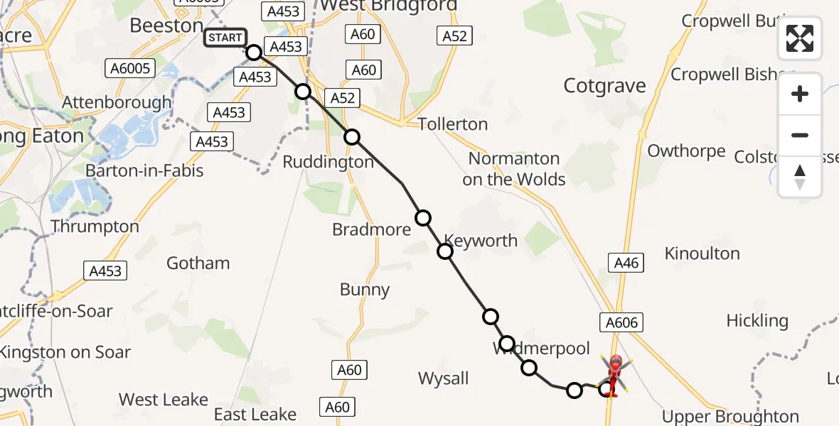 Flight route Air Ambulance Helicopter Beeston - Nottingham Heliport, 08 May 2026, 18:54