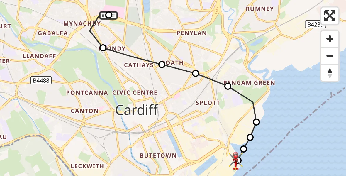 Flight route Air Ambulance Helicopter Birchgrove - Cardiff Heliport, 08 May 2026, 18:54
