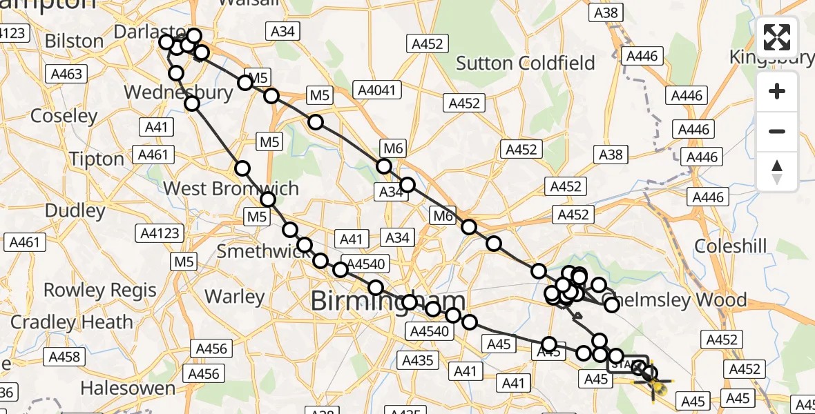 Flight route Police Helicopter Garretts Green - Birmingham Airport, 08 May 2026, 18:55