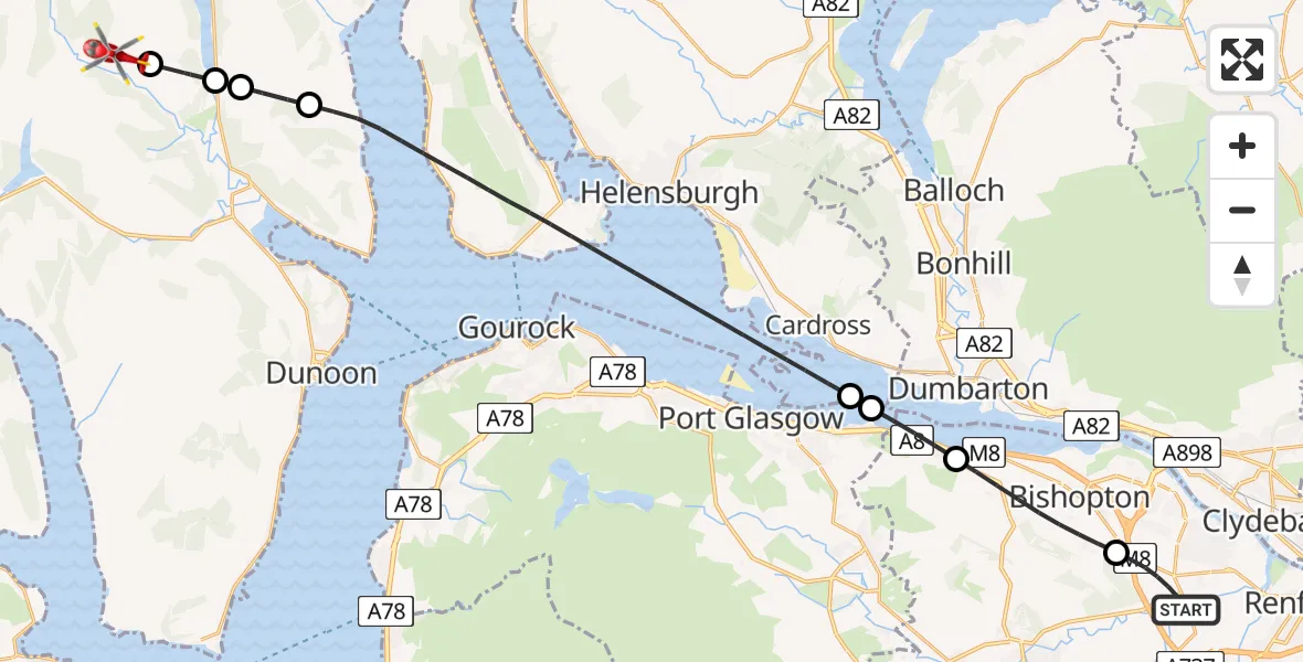 Flight route Air Ambulance Helicopter Erskine - Argyll and Bute, 08 May 2026, 19:02