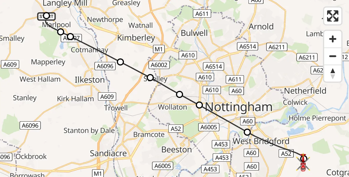 Flight route Air Ambulance Helicopter Heanor - Nottingham City Airport, 08 May 2026, 19:09