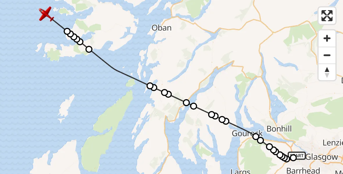Flight route Air Ambulance Aircraft Glasgow Airport - Inner Seas, 08 May 2026, 19:16