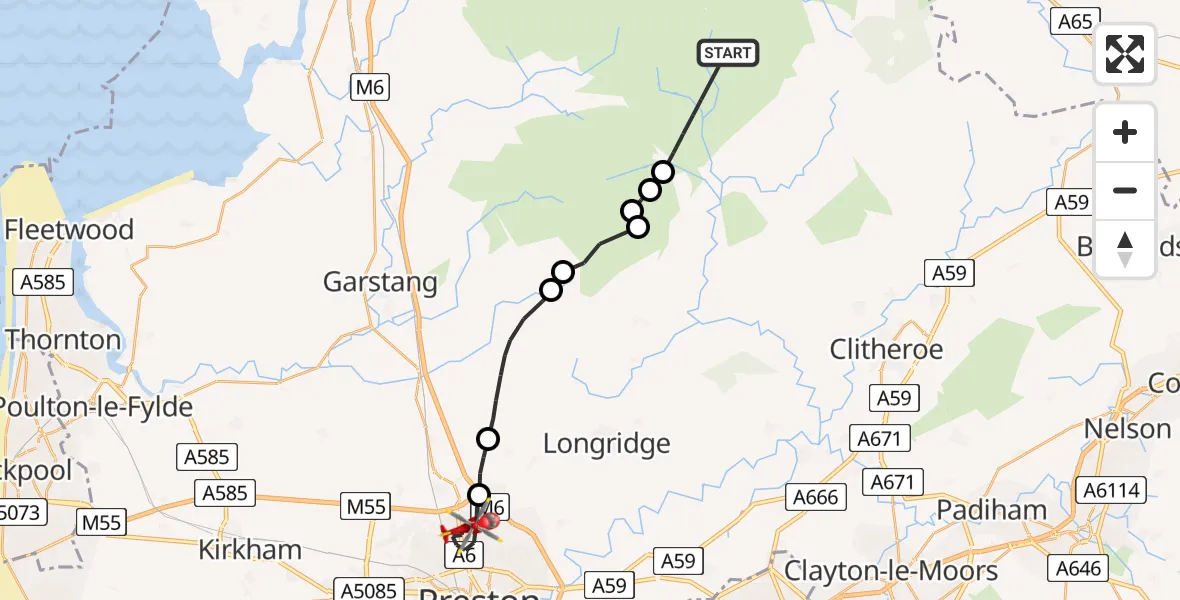 Flight route Air Ambulance Helicopter Ribble Valley - Royal Preston, 08 May 2026, 19:21