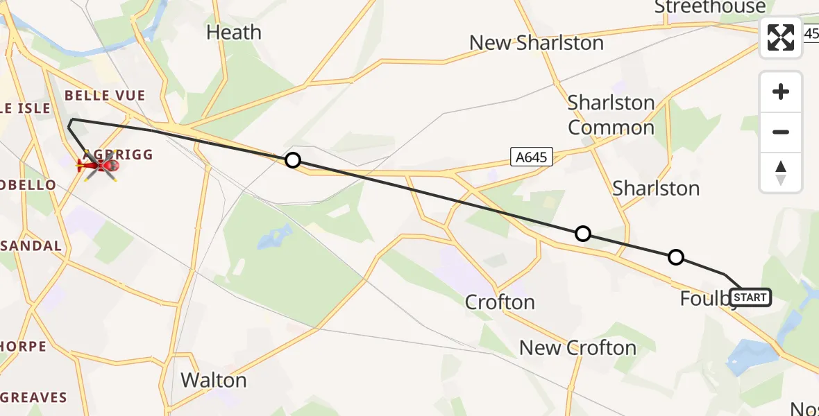 Flight route Air Ambulance Helicopter YAA Nostell Helicopter Port - Heath, 08 May 2026, 19:29