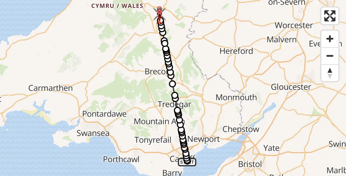 Flight route Air Ambulance Helicopter Cardiff Heliport - Llandrindod, 08 May 2026, 19:29