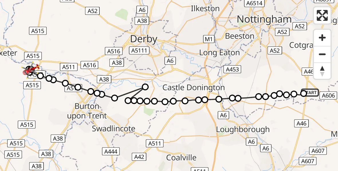 Flight route Air Ambulance Helicopter Rushcliffe - East Staffordshire, 08 May 2026, 19:32