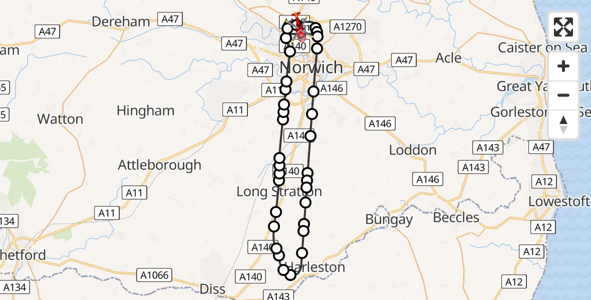 Flight route Air Ambulance Helicopter Norwich Airport - Norwich Airport, 08 May 2026, 19:34