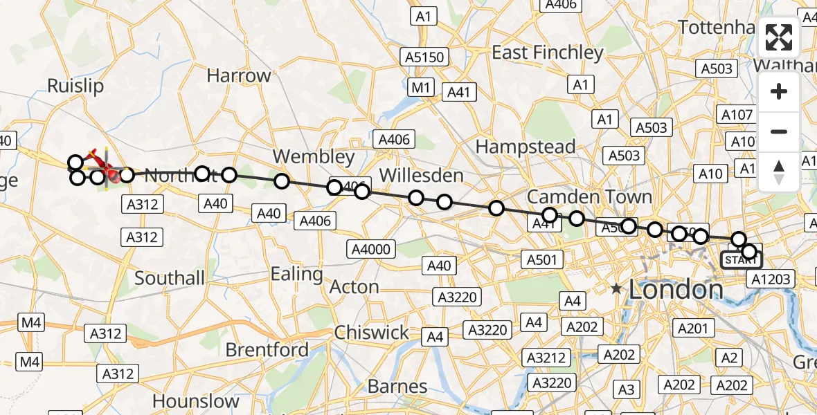 Flight route Air Ambulance Helicopter Royal London Hospital - RAF Northolt, 08 May 2026, 19:37