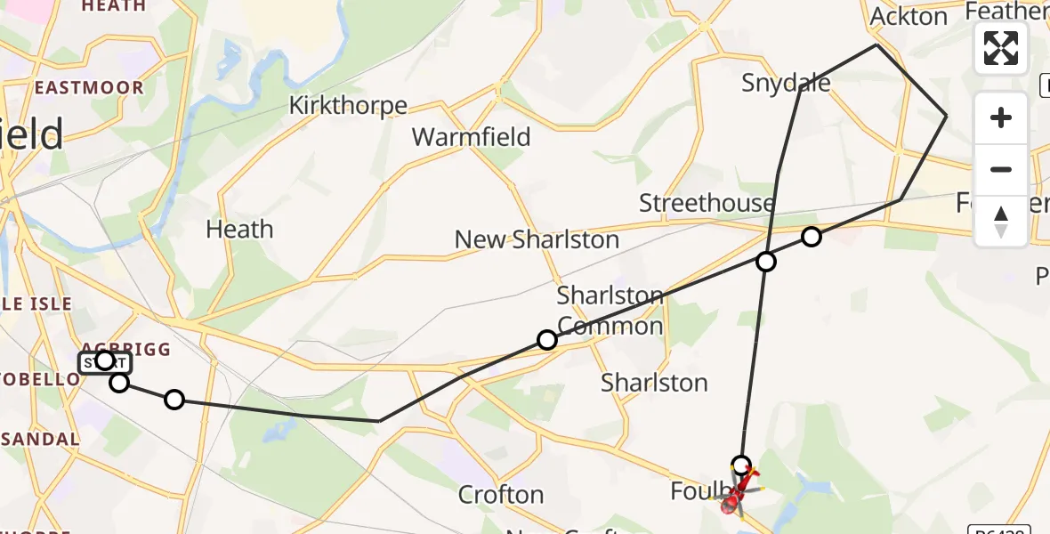 Flight route Air Ambulance Helicopter Heath - YAA Nostell Helicopter Port, 08 May 2026, 19:55
