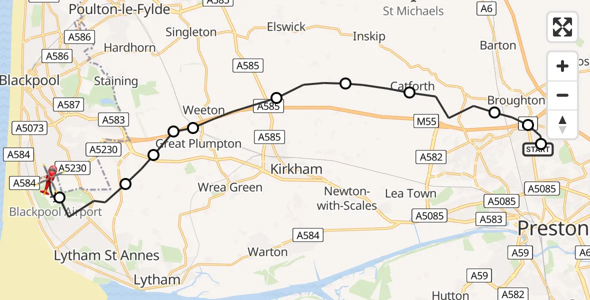Flight route Air Ambulance Helicopter Royal Preston - Blackpool Airport, 08 May 2026, 19:57