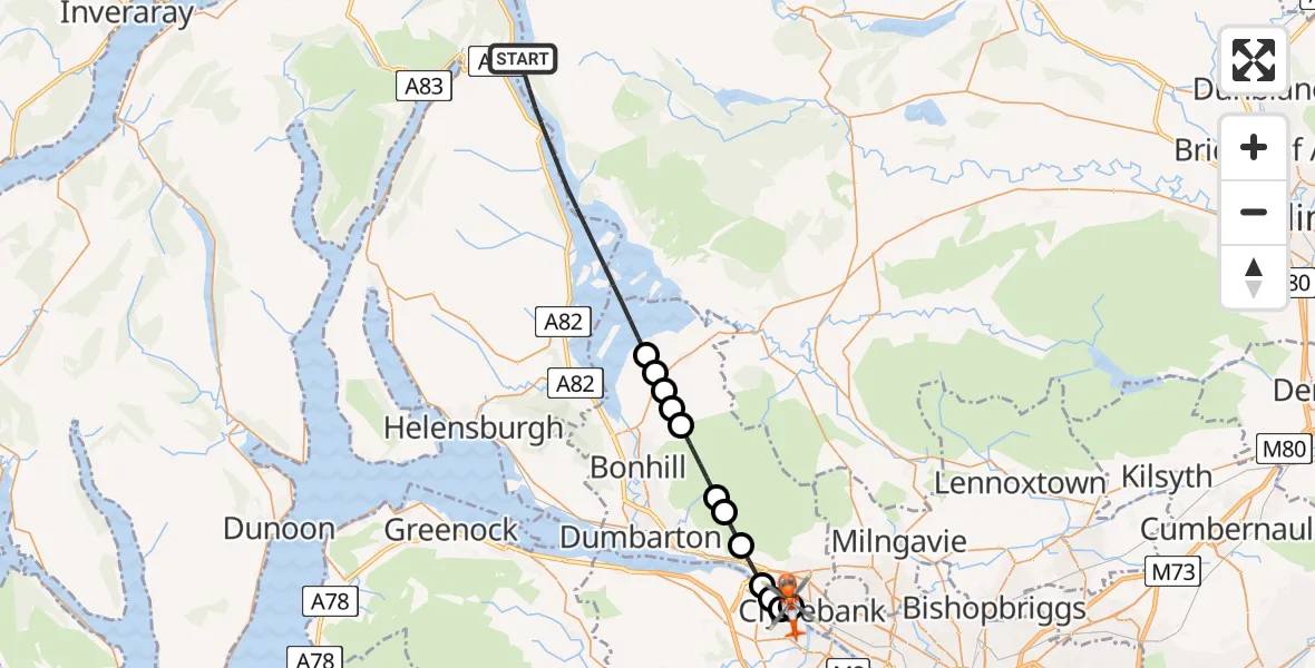 Flight route Coastguard Helicopter Loch Lomond - Golden Jubilee Hospital, 08 May 2026, 20:03