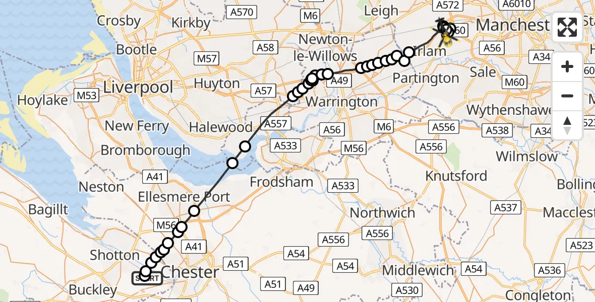 Flight route Police Helicopter Hawarden Airport - Manchester Barton Aerodrome, 08 May 2026, 20:14