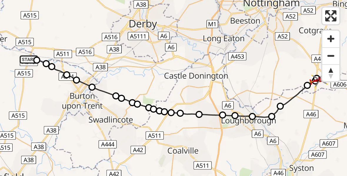 Flight route Air Ambulance Helicopter East Staffordshire - Rushcliffe, 08 May 2026, 20:17