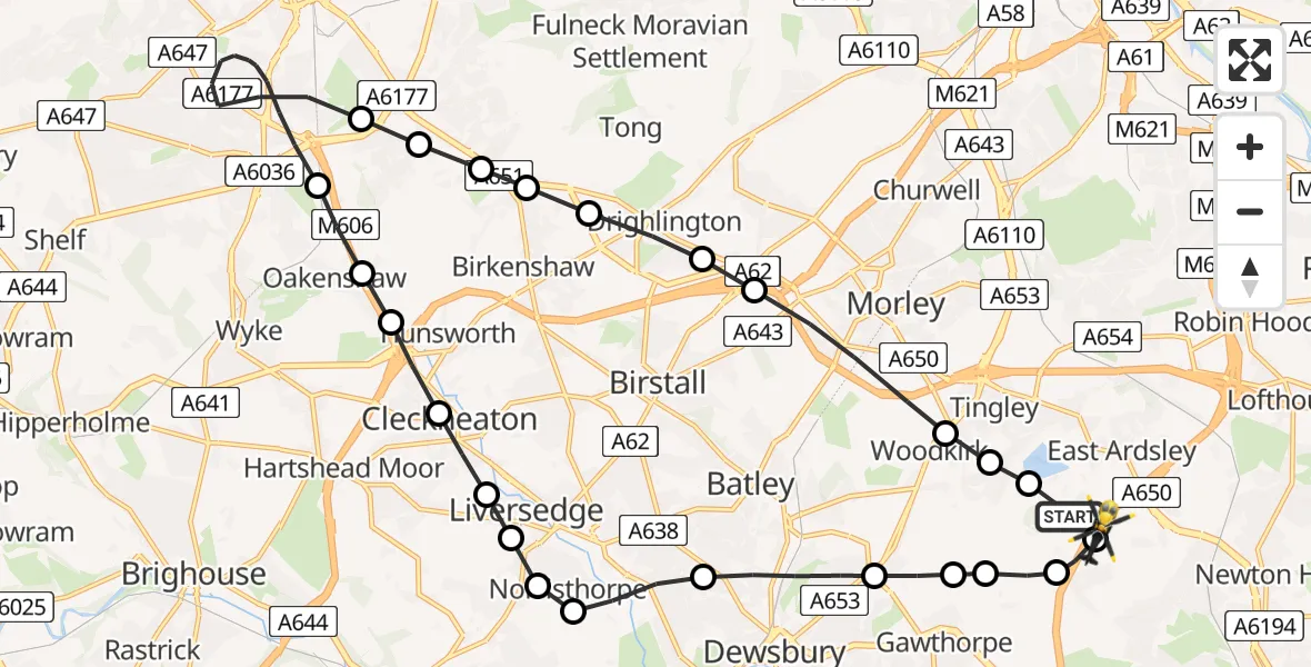 Flight route Police Helicopter East Ardsley - Wrenthorpe, 08 May 2026, 20:17