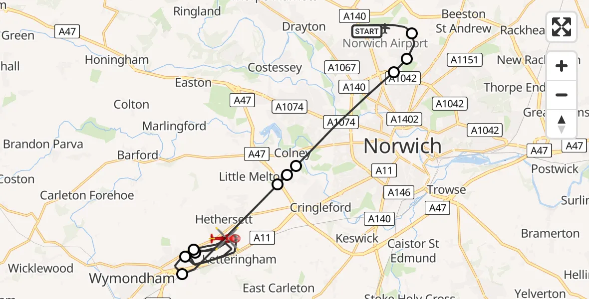 Flight route Air Ambulance Helicopter Norwich Airport - Hethersett, 08 May 2026, 20:20