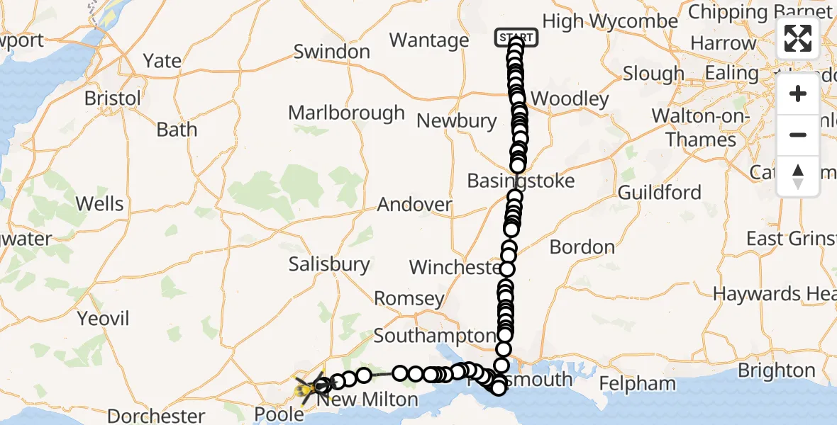 Flight route Police Helicopter Crowmarsh Gifford - Bournemouth Airport, 08 May 2026, 20:23