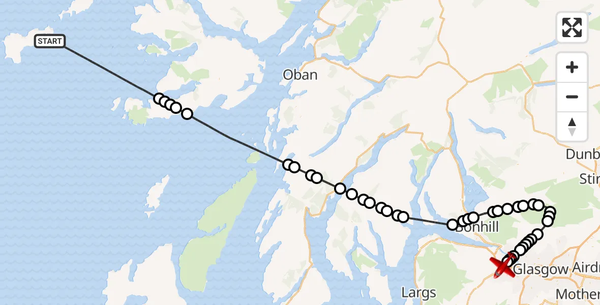 Flight route Air Ambulance Aircraft Inner Seas - Glasgow Airport, 08 May 2026, 20:23