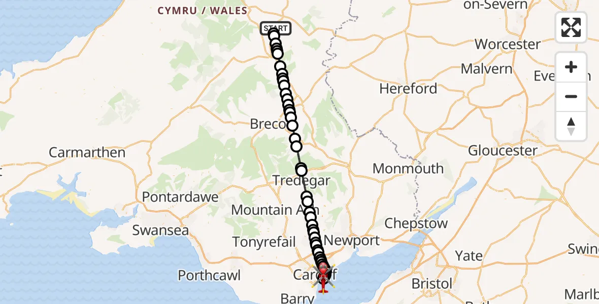 Flight route Air Ambulance Helicopter Llandrindod - Cardiff Heliport, 08 May 2026, 20:36