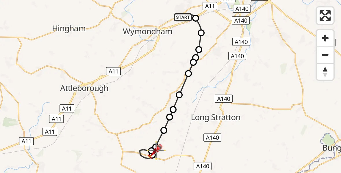 Flight route Air Ambulance Helicopter Hethersett - Priory Farm Airstrip, 08 May 2026, 20:39