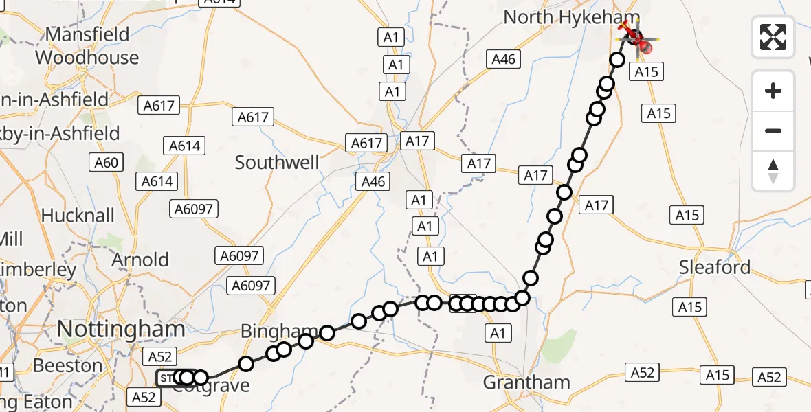 Flight route Air Ambulance Helicopter Nottingham City Airport - North Kesteven, 08 May 2026, 20:50