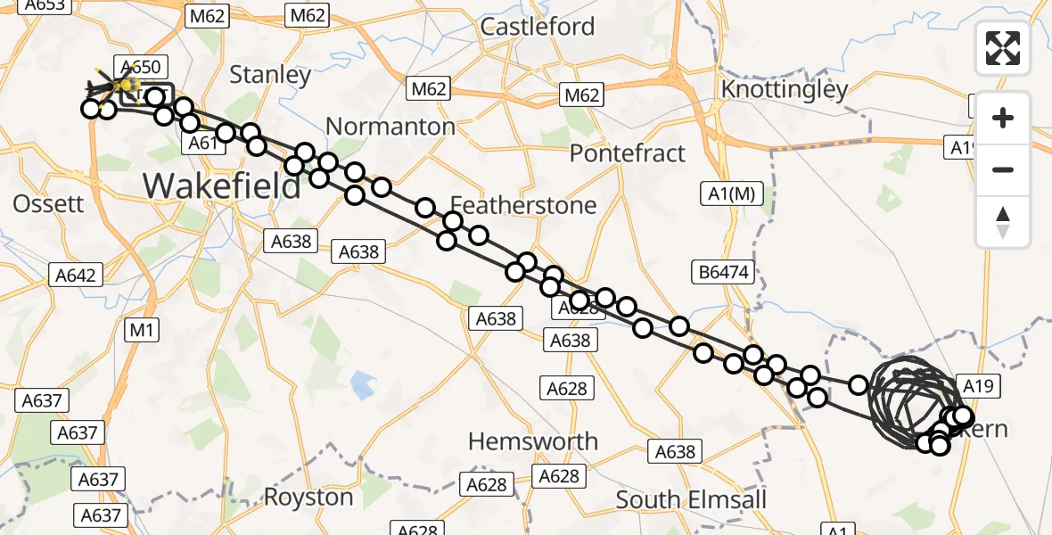 Flight route Police Helicopter Wrenthorpe - Wrenthorpe, 08 May 2026, 20:58