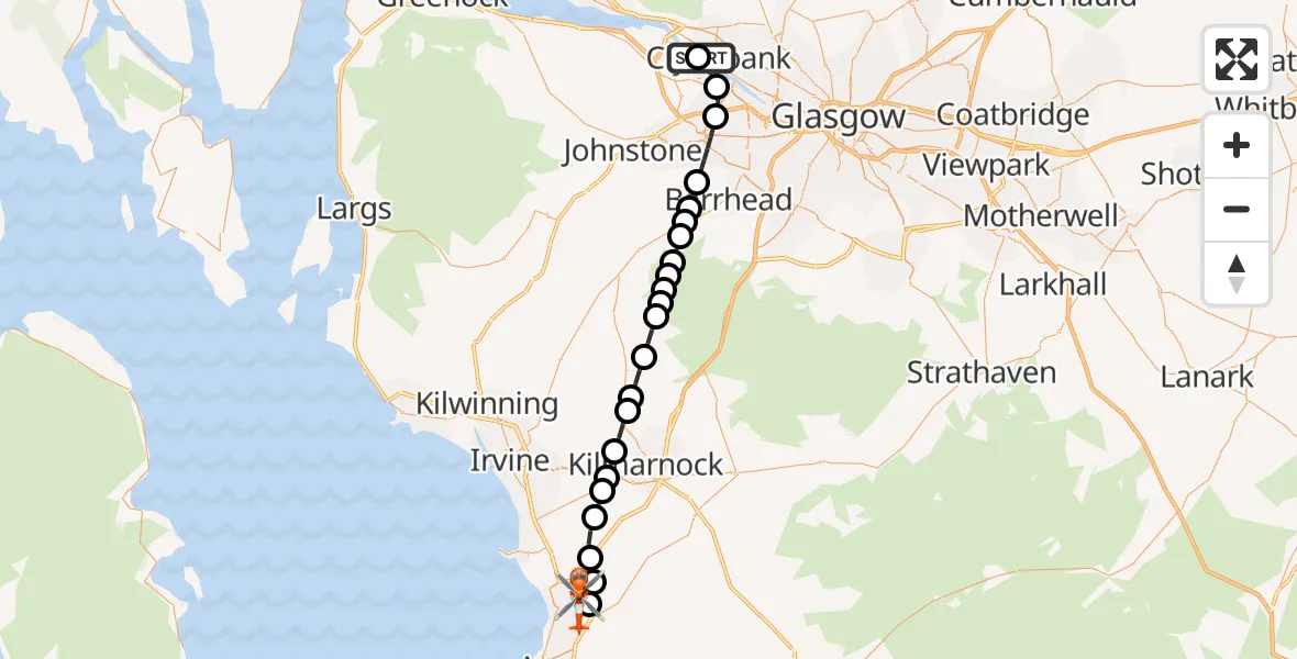 Flight route Coastguard Helicopter Golden Jubilee Hospital - Glasgow Prestwick Airport, 08 May 2026, 21:02