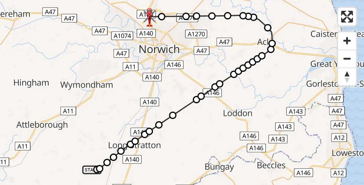 Flight route Air Ambulance Helicopter Priory Farm Airstrip - Norwich Airport, 08 May 2026, 21:07