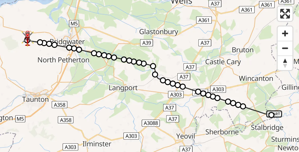 Flight route Air Ambulance Helicopter Henstridge Airfield - Spaxton, 08 May 2026, 21:11