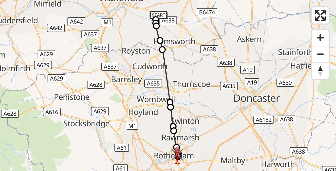 Flight route Air Ambulance Helicopter YAA Nostell Helicopter Port - Rotherham, 08 May 2026, 21:13