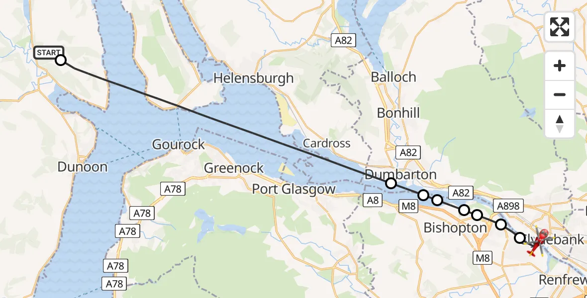 Flight route Air Ambulance Helicopter Sandhaven - Clydebank, 08 May 2026, 21:24