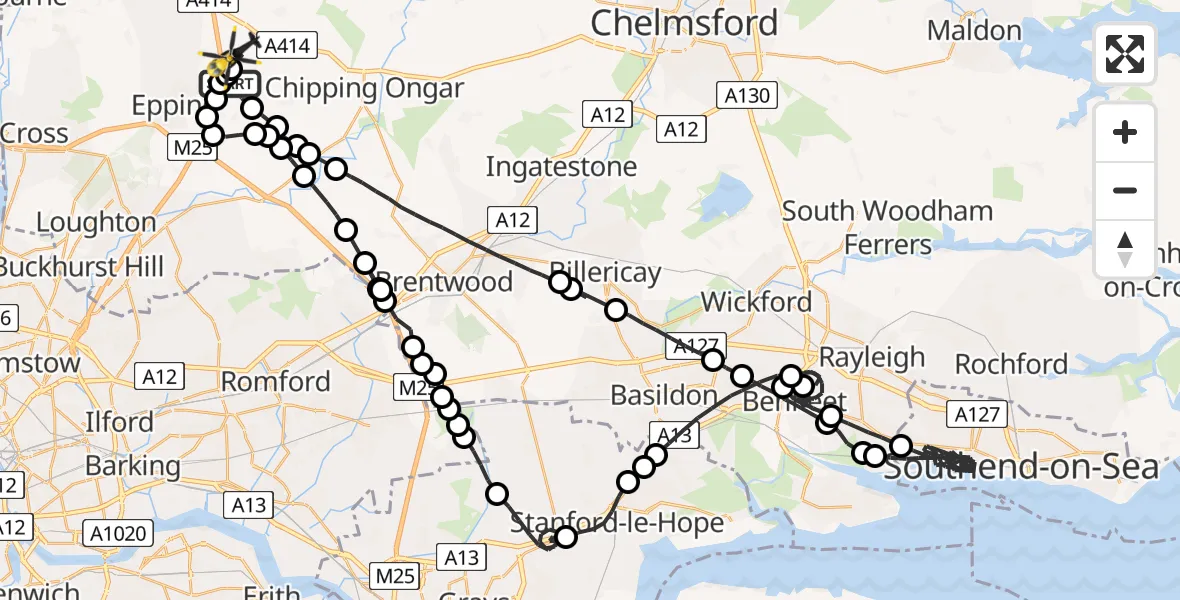 Flight route Police Helicopter Coopersale - North Weald Airfield, 08 May 2026, 21:36