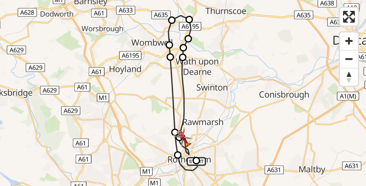Flight route Air Ambulance Helicopter Rotherham - Rawmarsh, 08 May 2026, 21:44
