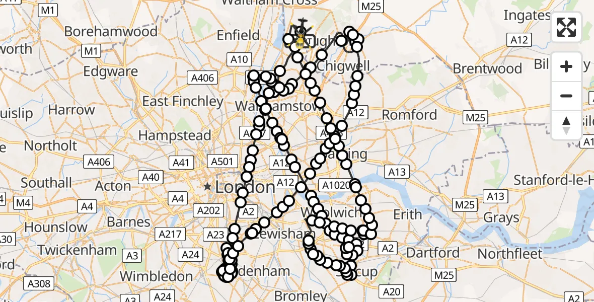 Flight route Police Helicopter Sewardstonebury - Metropolitan Police Air Support Unit Lippitts Hill, 08 May 2026, 21:44