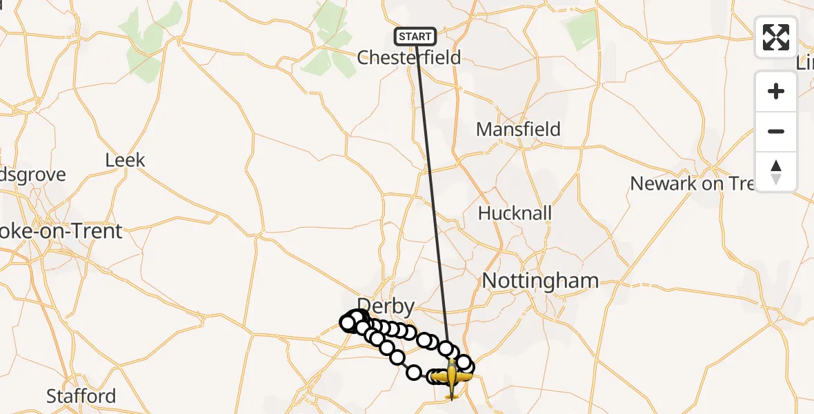 Flight route Police Aircraft Chesterfield - East Midlands Airport, 08 May 2026, 22:01