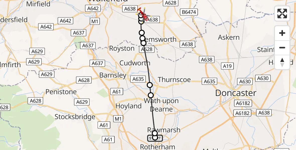 Flight route Air Ambulance Helicopter Rotherham - YAA Nostell Helicopter Port, 08 May 2026, 22:05