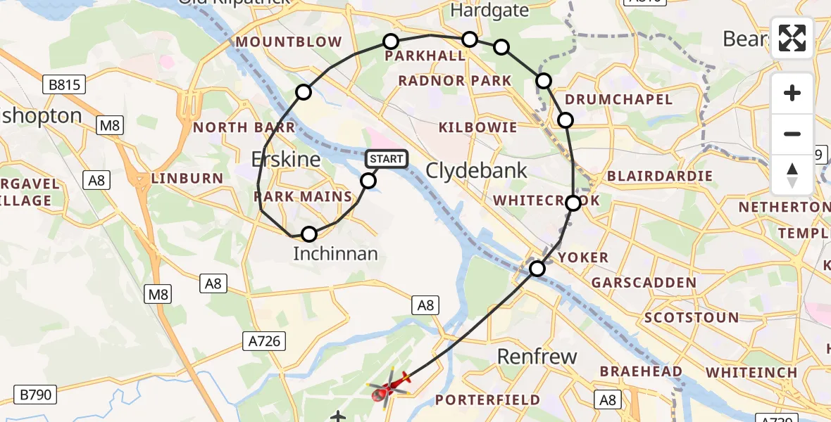 Flight route Air Ambulance Helicopter Golden Jubilee Hospital - Glasgow Airport, 08 May 2026, 22:18