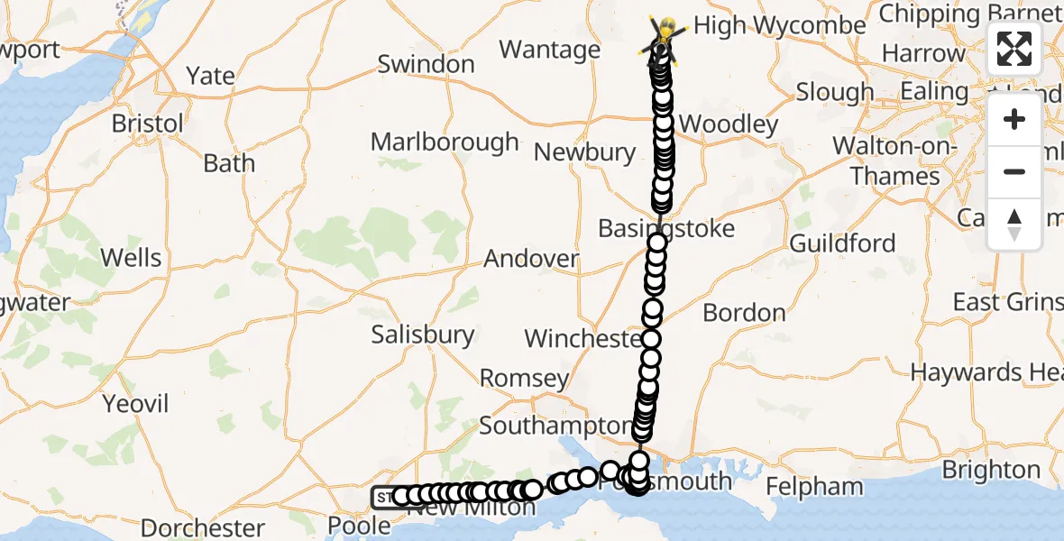 Flight route Police Helicopter Hurn - Crowmarsh Gifford, 08 May 2026, 22:26
