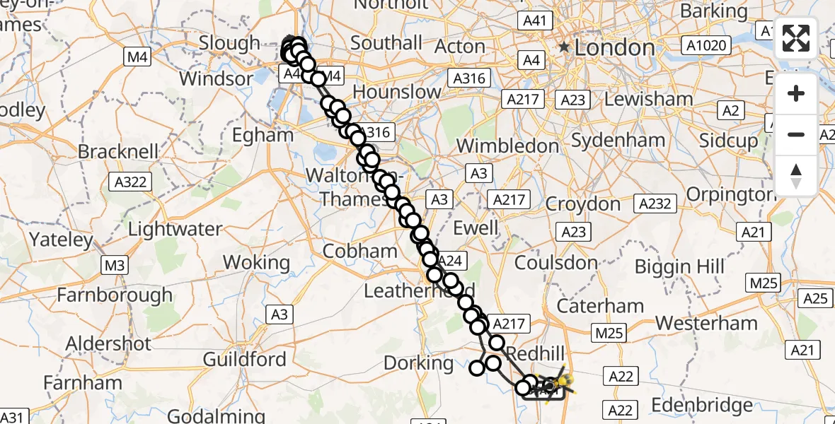 Flight route Police Helicopter Salfords - Redhill Aerodrome, 08 May 2026, 23:34