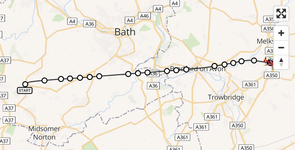 Flight route Air Ambulance Helicopter High Littleton - Wiltshire Air Ambulance, 08 May 2026, 23:41