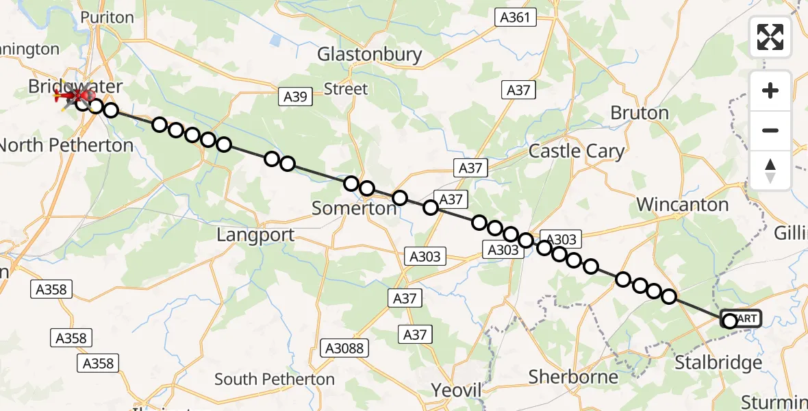 Flight route Air Ambulance Helicopter Henstridge Airfield - Bridgwater, 08 May 2026, 23:49