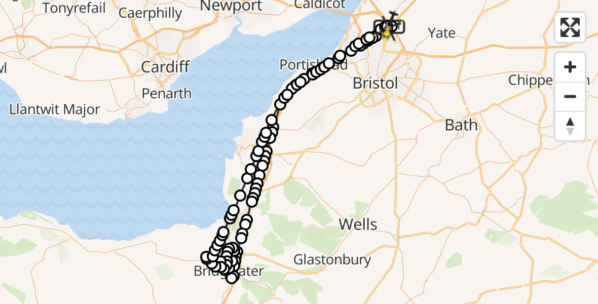 Flight route Police Helicopter Almondsbury Helicopter Base - Almondsbury Helicopter Base, 09 May 2026, 00:14