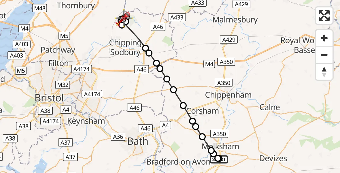 Flight route Air Ambulance Helicopter Wiltshire Air Ambulance - Horton, 09 May 2026, 00:15