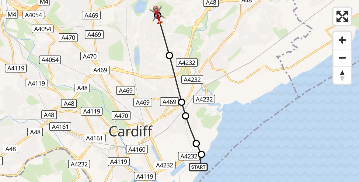 Flight route Air Ambulance Helicopter Cardiff Heliport - Lakeside, 09 May 2026, 00:34