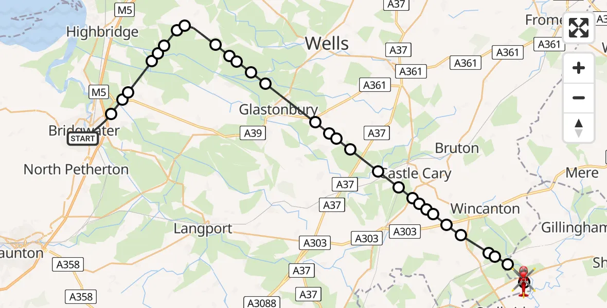 Flight route Air Ambulance Helicopter Bridgwater - Henstridge Airfield, 09 May 2026, 00:40