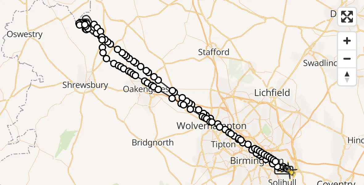 Flight route Police Helicopter Sheldon - Birmingham Airport, 09 May 2026, 01:04