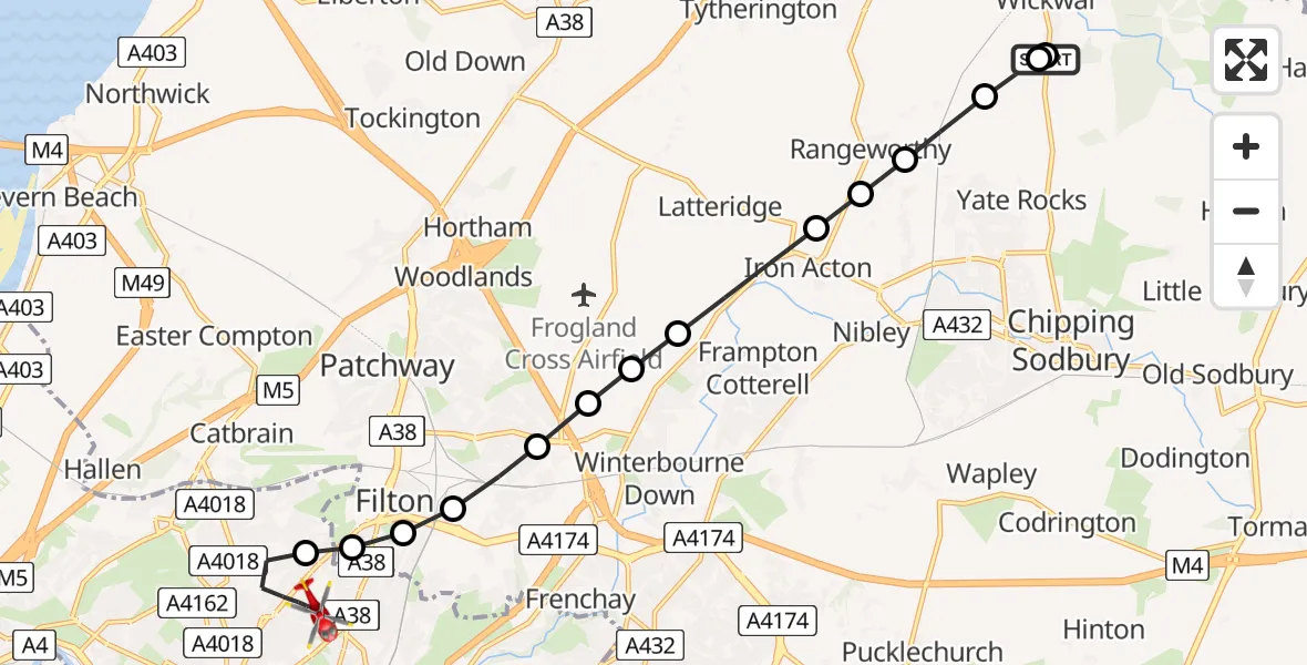 Flight route Air Ambulance Helicopter Wickwar - Bristol, 09 May 2026, 01:08