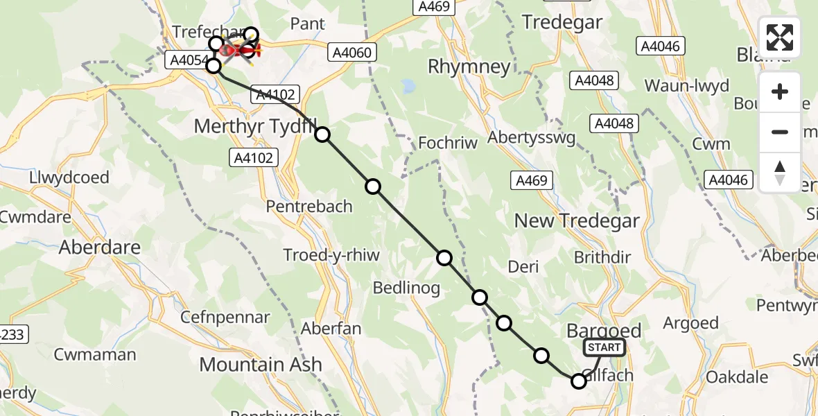 Flight route Air Ambulance Helicopter Bargoed - Prince Charles Hospital Helipad, 09 May 2026, 01:40