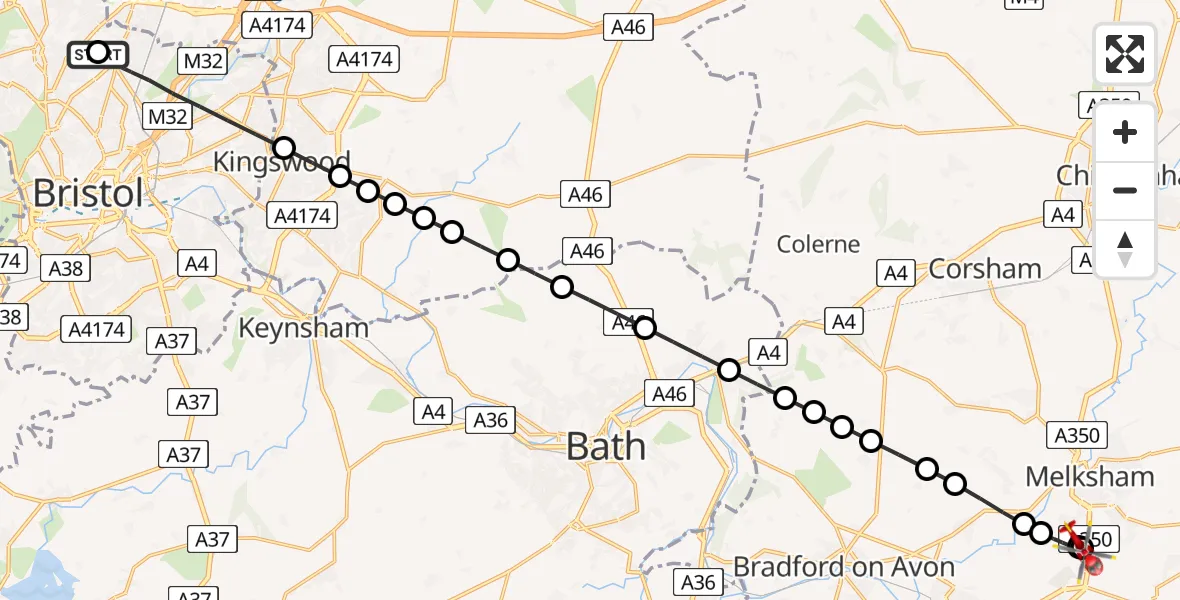 Flight route Air Ambulance Helicopter Southmead Hospital - Wiltshire Air Ambulance, 09 May 2026, 02:14