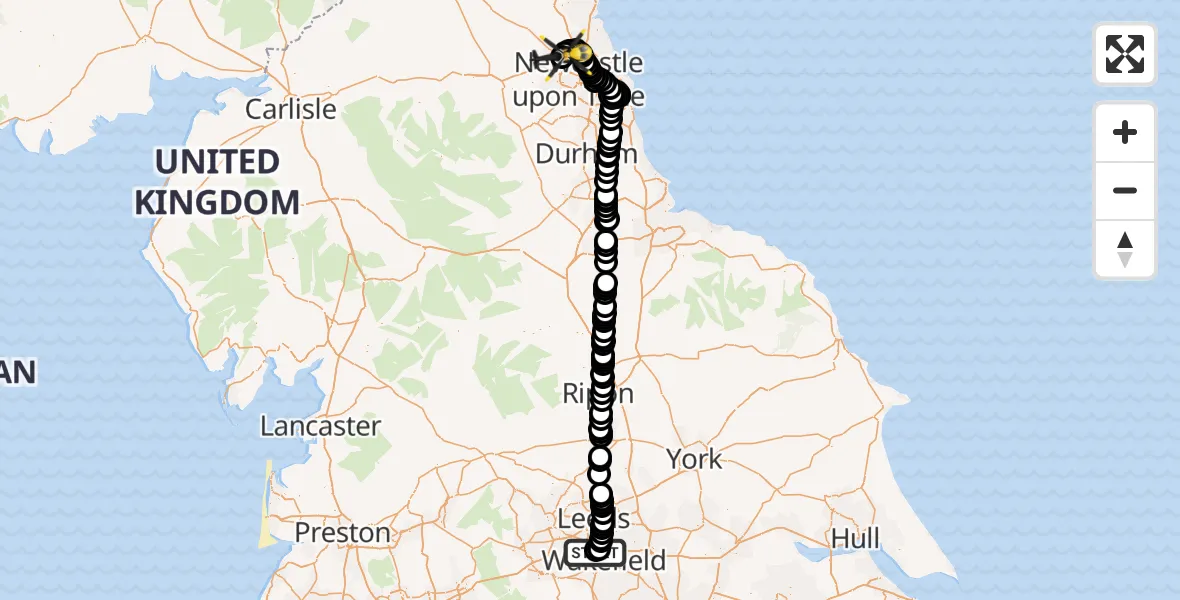 Flight route Police Helicopter East Ardsley - Newcastle International Airport, 09 May 2026, 02:26
