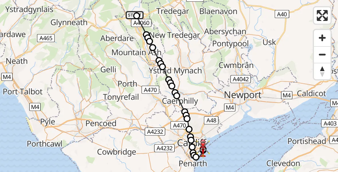 Flight route Air Ambulance Helicopter Prince Charles Hospital Helipad - Cardiff Heliport, 09 May 2026, 02:28